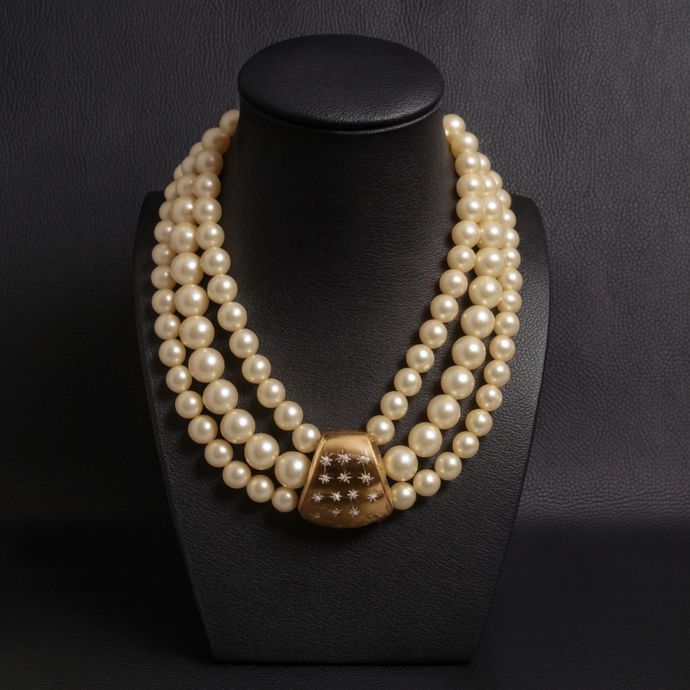 Vintage Givenchy Pearl Rhinestone Gold Statement Designer Chocker Necklace